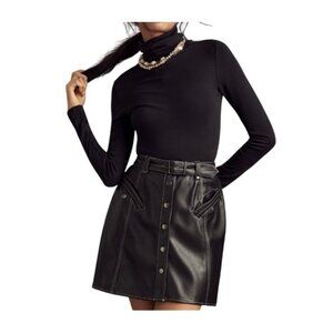 Maeve Anthropologie Faux-Leather Belted Mini Skirt Black Button Front Size 4